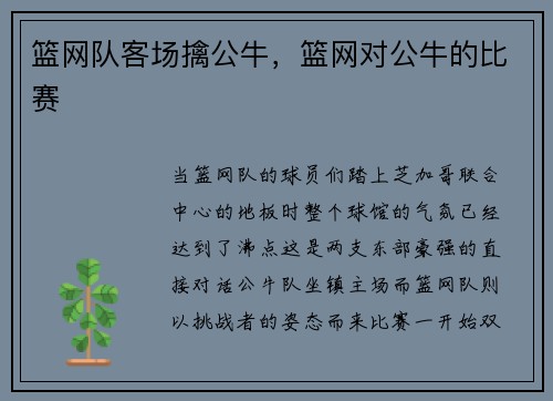 篮网队客场擒公牛，篮网对公牛的比赛