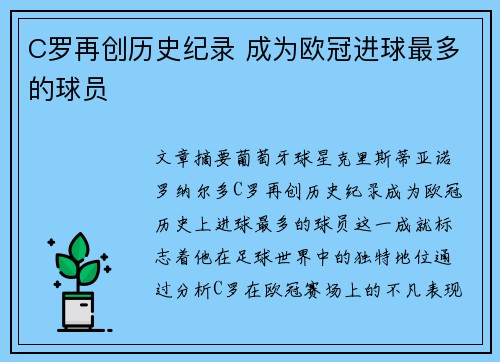C罗再创历史纪录 成为欧冠进球最多的球员