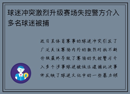 球迷冲突激烈升级赛场失控警方介入多名球迷被捕