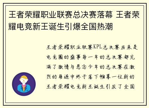 王者荣耀职业联赛总决赛落幕 王者荣耀电竞新王诞生引爆全国热潮