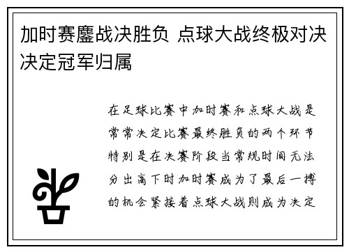 加时赛鏖战决胜负 点球大战终极对决决定冠军归属